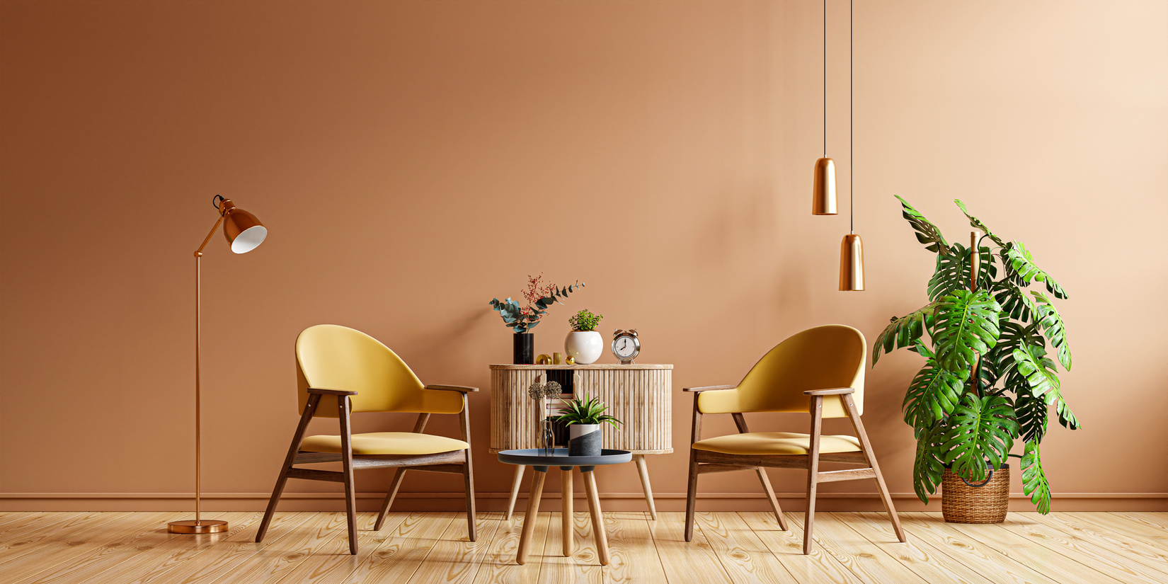 Home interior with two armchair and decor in brown wall.